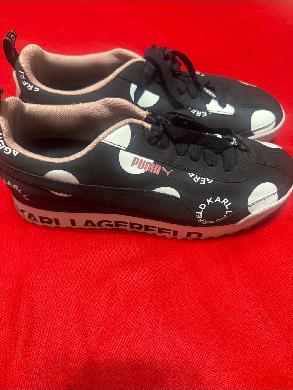 Puma Kids Black White Polka Dot Sneakers with Pink Accents